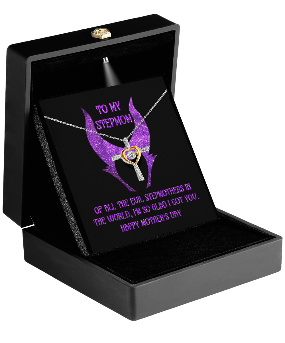 Stepmom Mother's Day Gift - To My Stepmom - Of All the Evil Stepmothers in the World, I'm Glad I Got You Cross Pendant Necklace - Mallard Moon Gift Shop