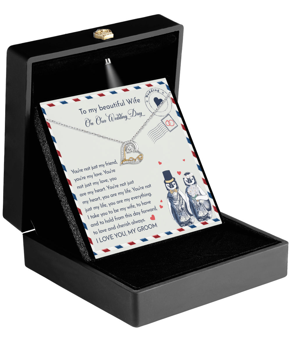 Wife Wedding Day Gift - I Will Love And Cherish Always Love Dancing Heart Pendant Necklace, Bride Jewelry, Gift from Groom - Mallard Moon Gift Shop