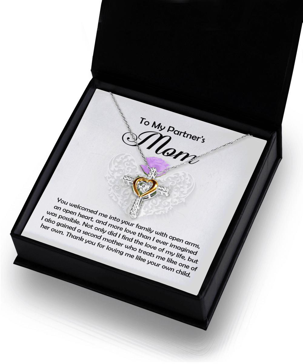 To My Partner's Mom You Welcomed me with Open Arms and an Open Heart Cross Pendant Necklace - Mallard Moon Gift Shop