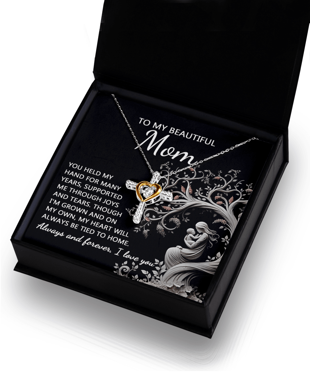 To My Beautiful Mom My Heart Will Always Be Tied to Home Cross Pendant Necklace - Mallard Moon Gift Shop