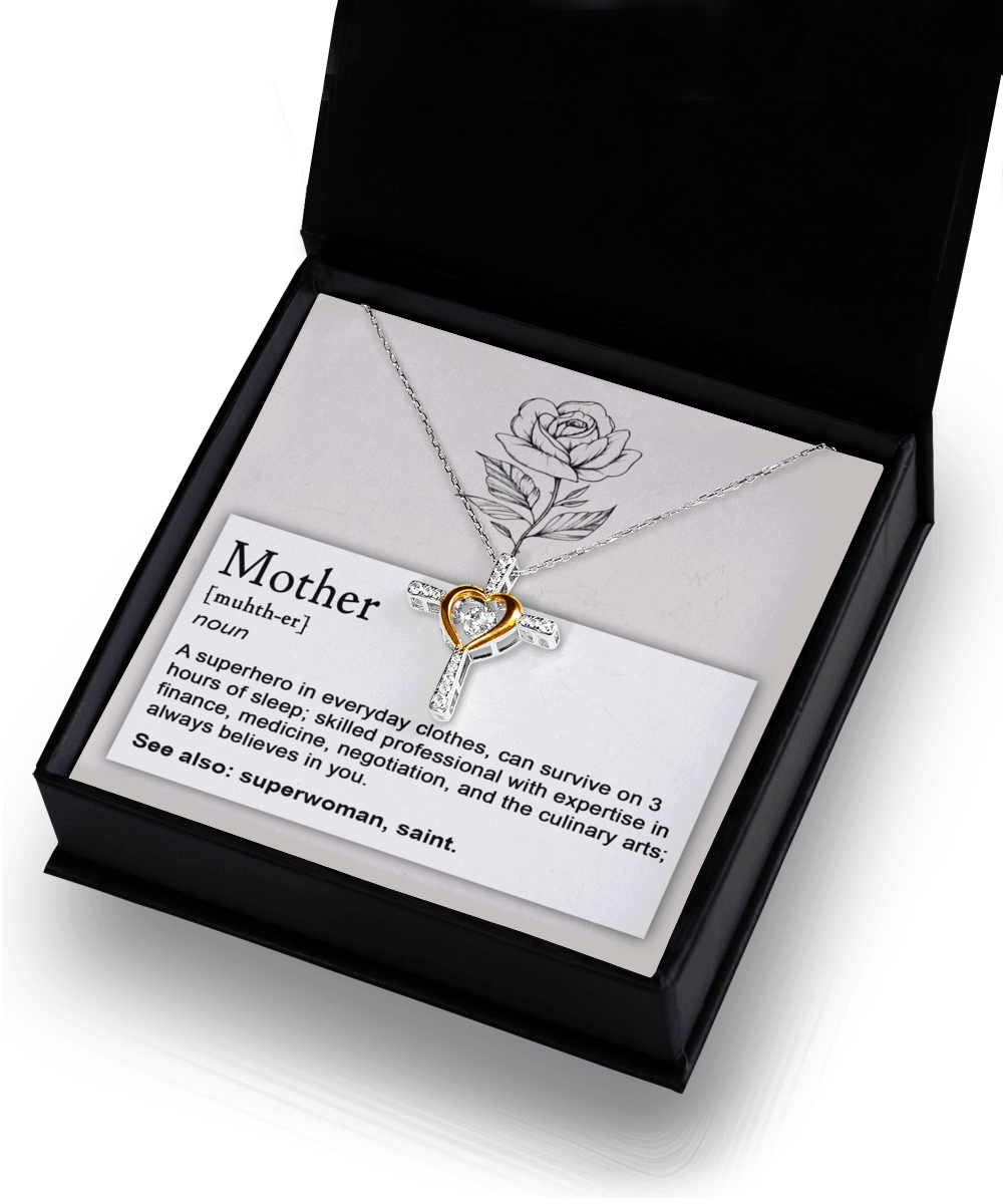 Mother, Definition - Superhero, Saint Cross Pendant Necklace - Mallard Moon Gift Shop