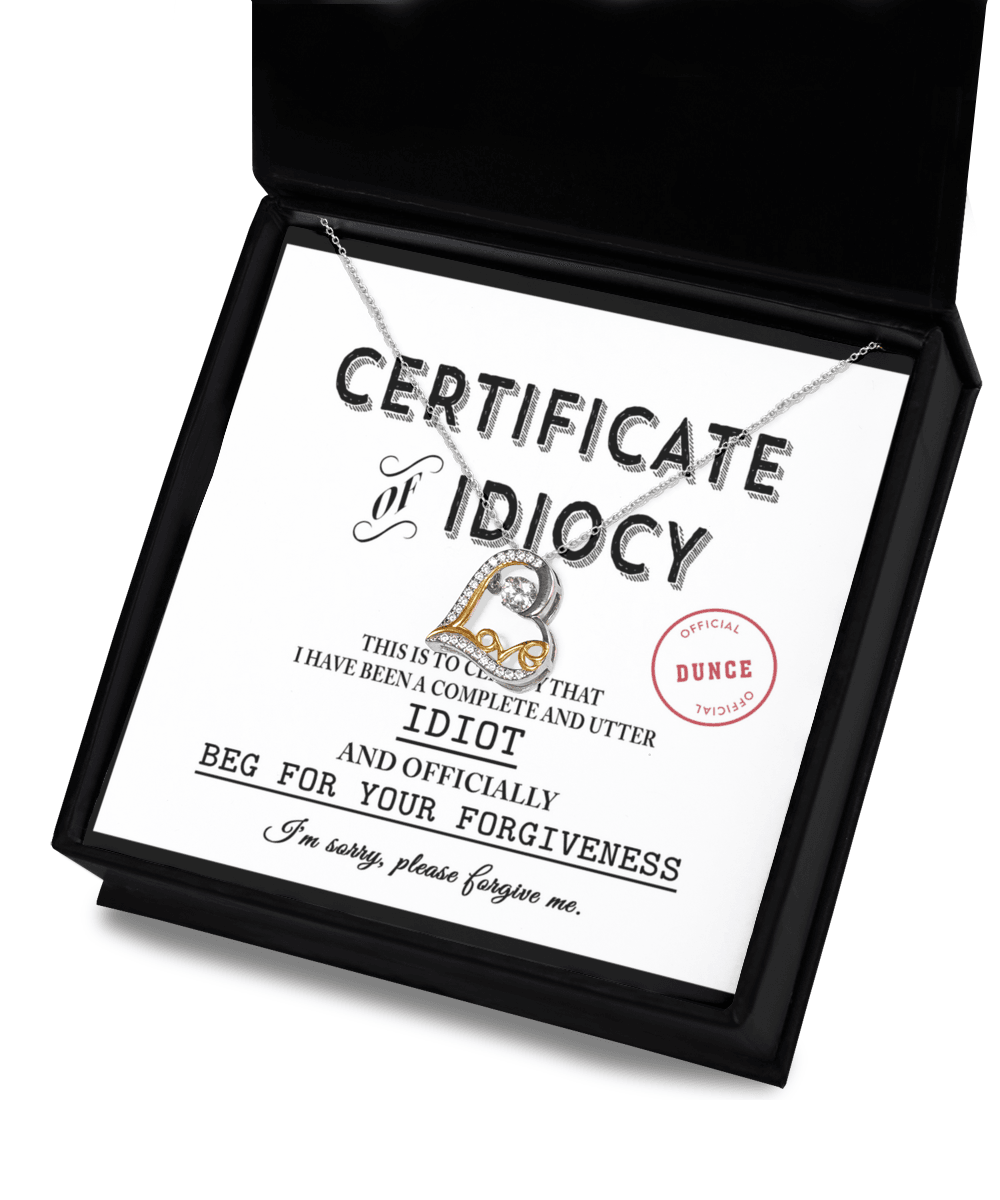 Apology Gift for Girlfriend, Wife, Soulmate - Sorry, Certificate Of Idiocy - Love Dancing Heart Pendant Necklace - Mallard Moon Gift Shop