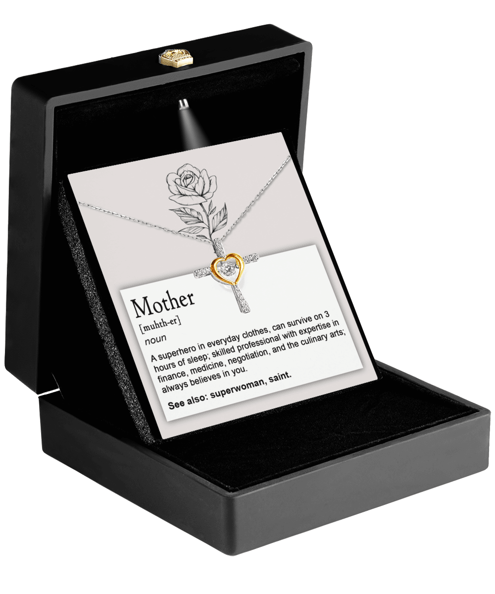 Mother, Definition - Superhero, Saint Cross Pendant Necklace - Mallard Moon Gift Shop