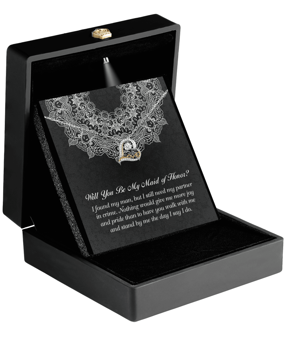 Maid of Honor Wedding Proposal Gift - Partner In Crime - Love Dancing Heart Pendant Necklace - Mallard Moon Gift Shop