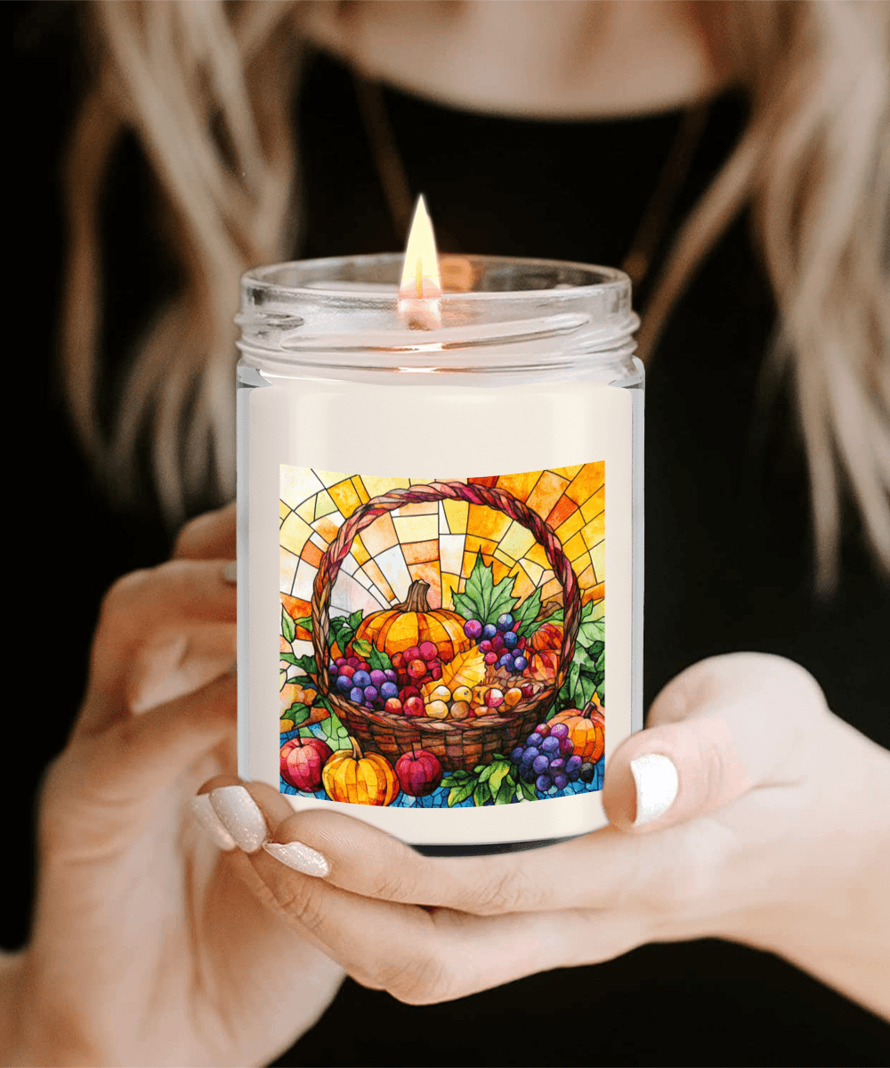 Bountiful Fall Fruit Basket - Stained Glass Soy Scented Container Jar Candle - Mallard Moon Gift Shop