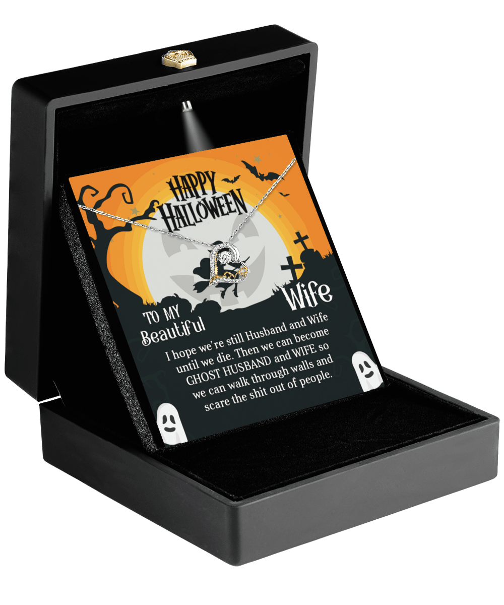 Wife Happy Halloween - Ghost Husband and Wife - Love Dancing Heart Necklace - Mallard Moon Gift Shop