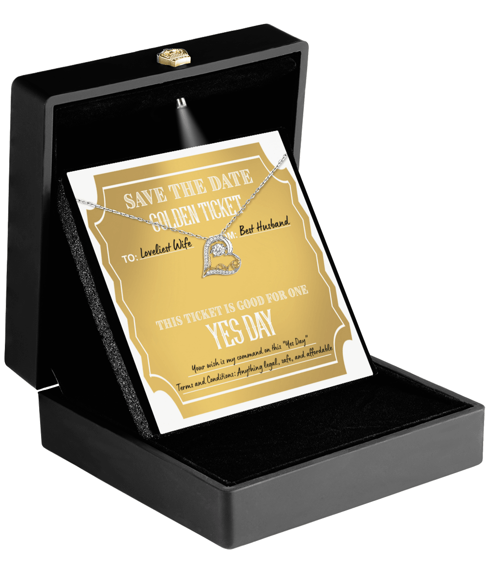 Wife Wedding Day Gift - Golden Ticket - Love Dancing Heart Pendant Necklace - Mallard Moon Gift Shop