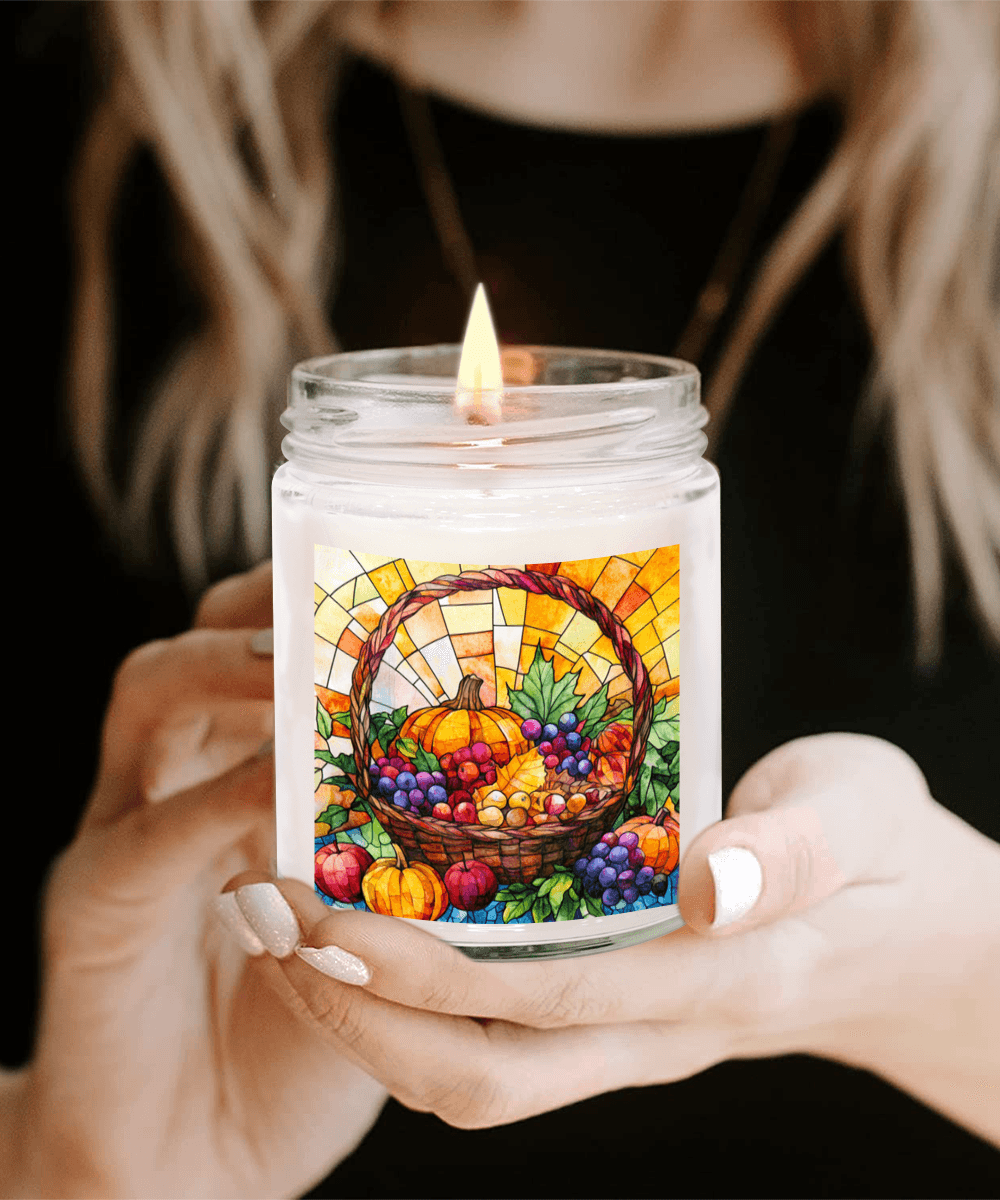 Bountiful Fall Fruit Basket - Stained Glass Soy Scented Container Jar Candle - Mallard Moon Gift Shop