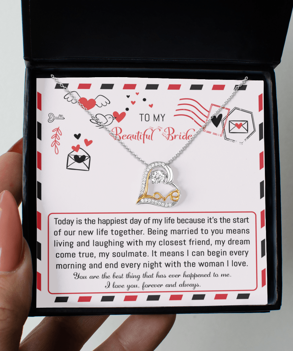 Bride Wedding Day Gift - The Happiest Day - Love Dancing Heart Pendant Necklace - Mallard Moon Gift Shop