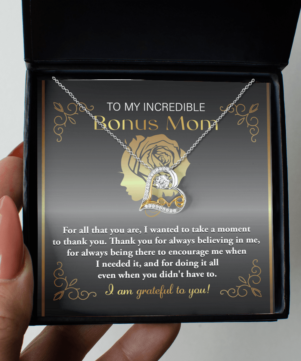 To My Incredible Bonus Mom Thank You for Believing in Me Love Heart Pendant Necklace - Mallard Moon Gift Shop