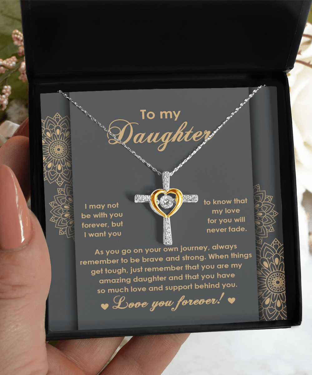 Daughter Gift for Birthday, Christmas, Graduation Inspirational Brave and Strong Cross Pendant Necklace - Mallard Moon Gift Shop