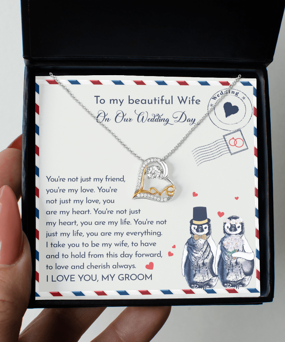 Wife Wedding Day Gift - I Will Love And Cherish Always Love Dancing Heart Pendant Necklace, Bride Jewelry, Gift from Groom - Mallard Moon Gift Shop