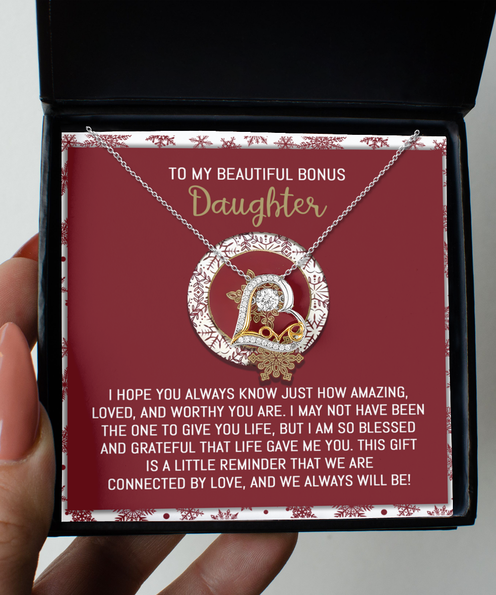 Gift for Bonus Daughter - Always Will Be Connected by Love - Love Dancing Heart Pendant Necklace - Mallard Moon Gift Shop
