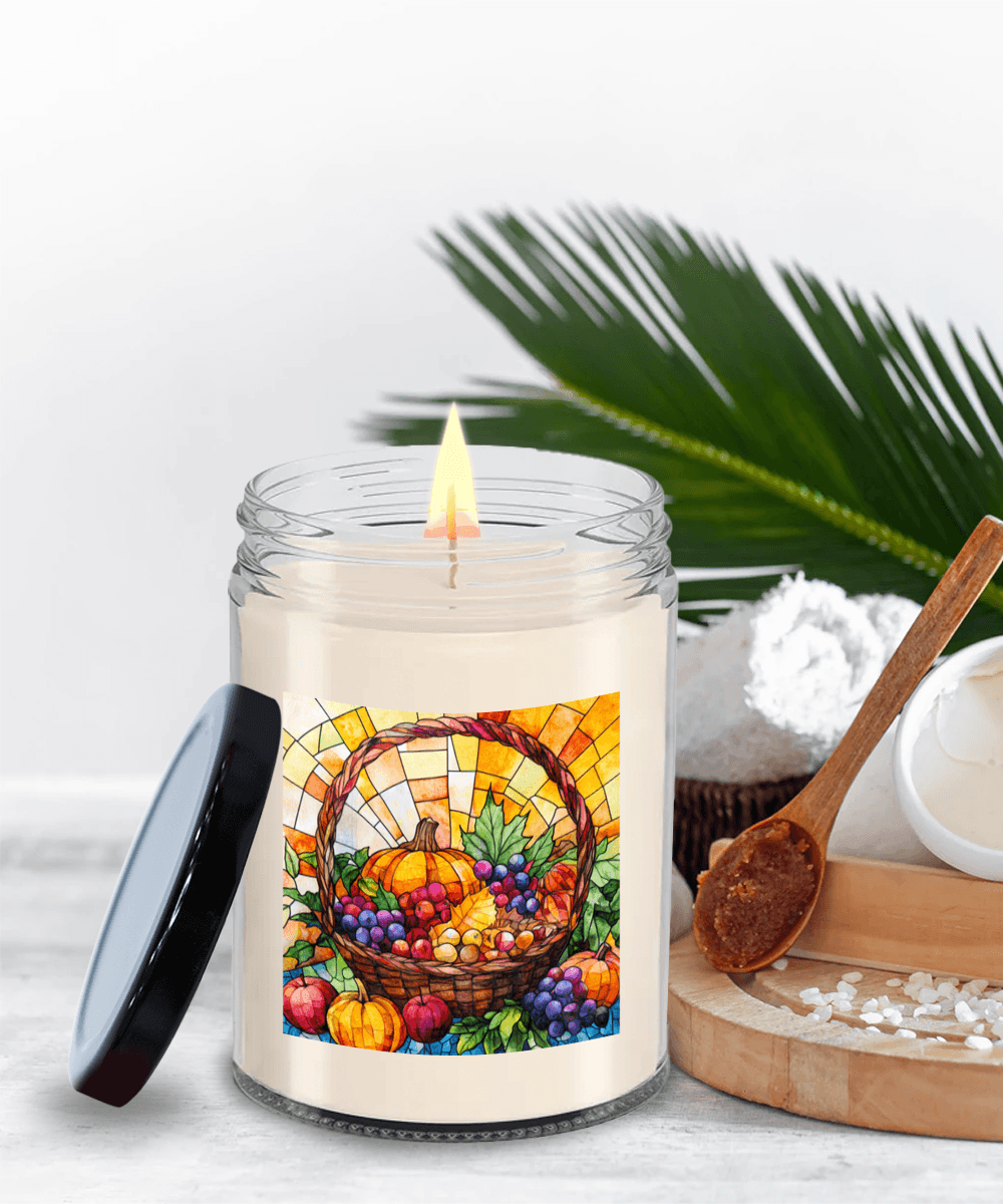Bountiful Fall Fruit Basket - Stained Glass Soy Scented Container Jar Candle - Mallard Moon Gift Shop