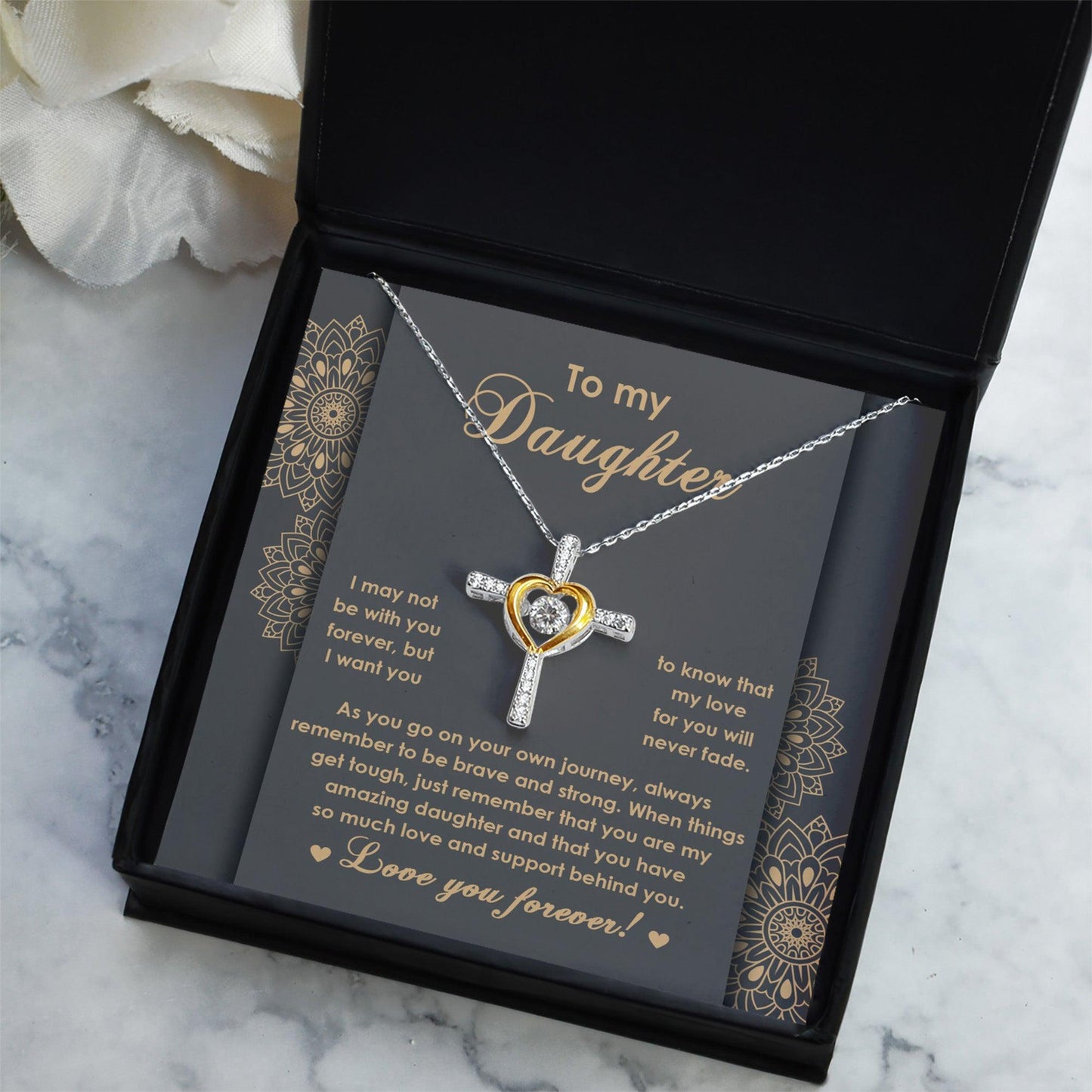 Daughter Gift for Birthday, Christmas, Graduation Inspirational Brave and Strong Cross Pendant Necklace - Mallard Moon Gift Shop