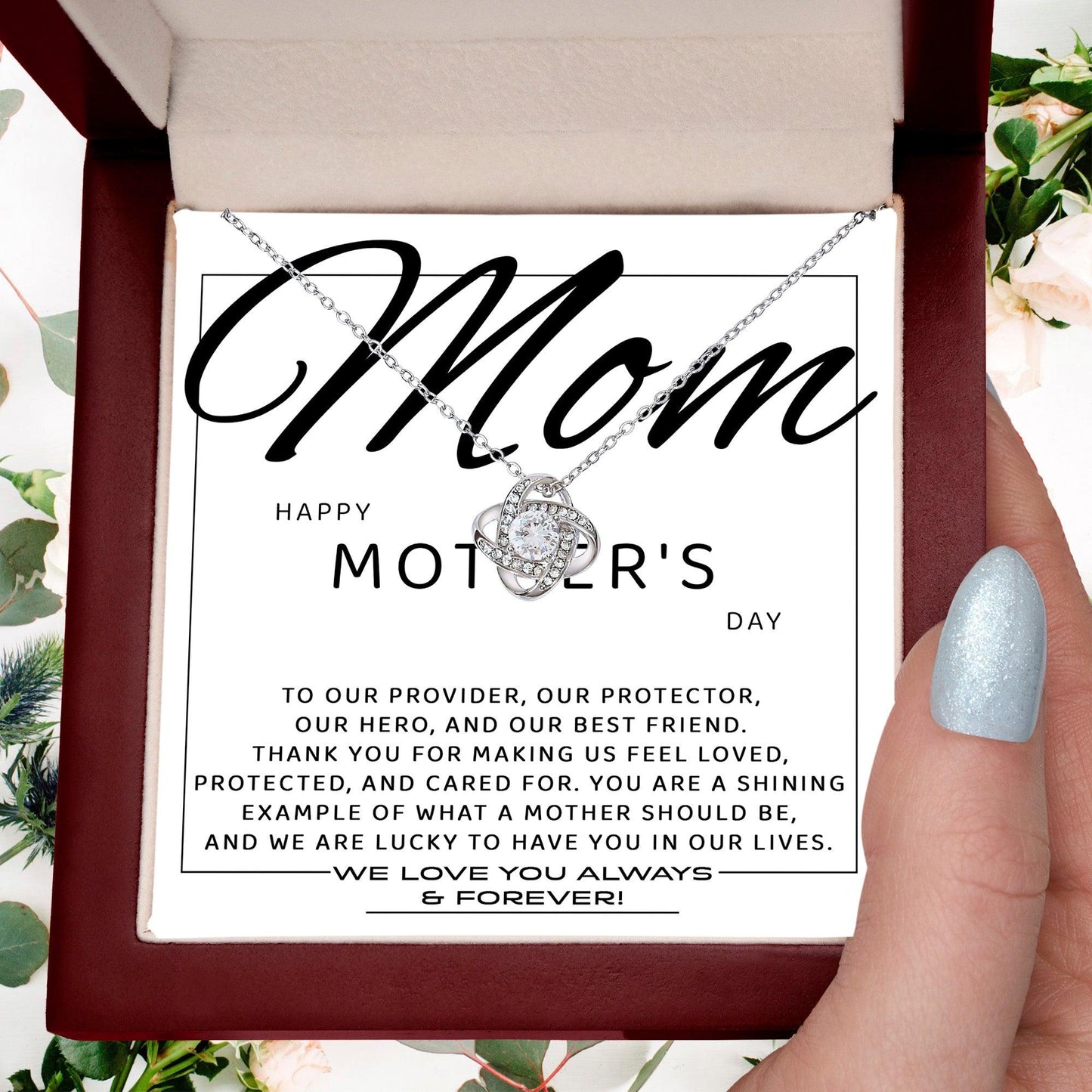 Mom - Happy Mother's Day from All of Us You Are Our Protector, Hero and Best Friend Love Knot Necklace - Mallard Moon Gift Shop