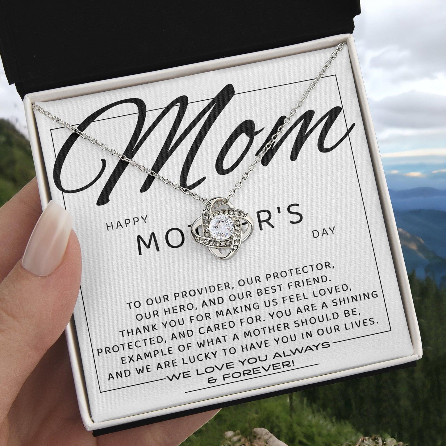 Mom - Happy Mother's Day from All of Us You Are Our Protector, Hero and Best Friend Love Knot Necklace - Mallard Moon Gift Shop