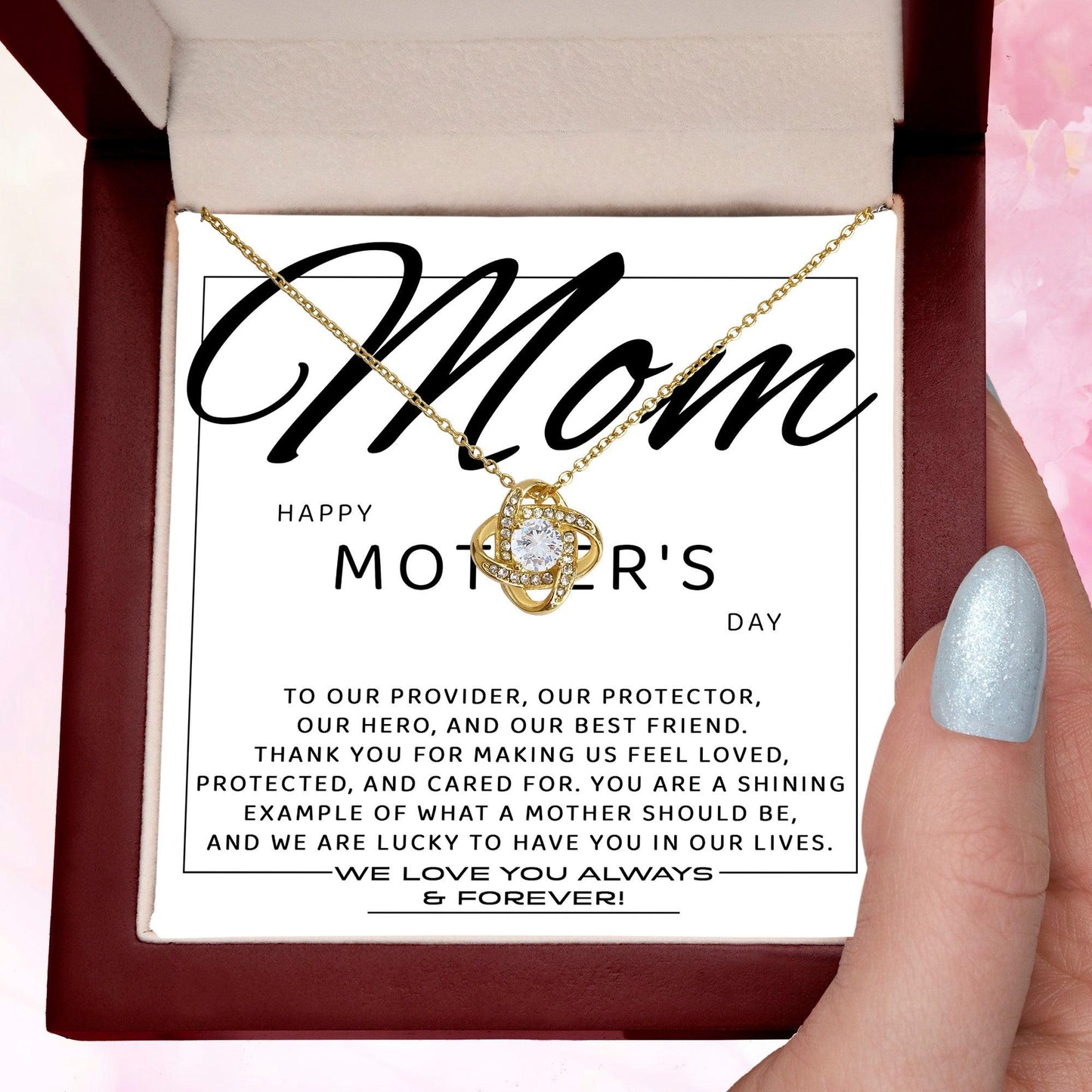 Mom - Happy Mother's Day from All of Us You Are Our Protector, Hero and Best Friend Love Knot Necklace - Mallard Moon Gift Shop