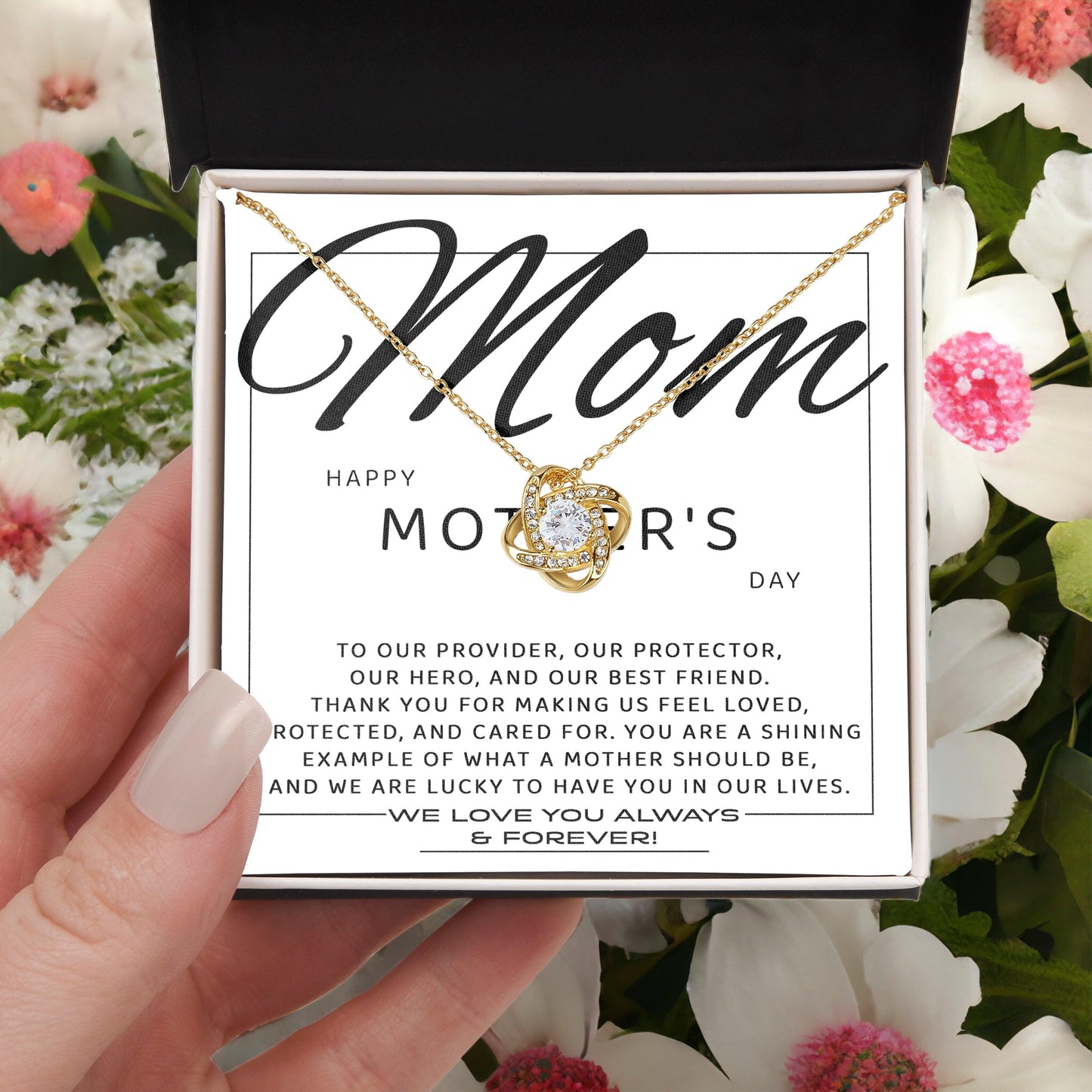 Mom - Happy Mother's Day from All of Us You Are Our Protector, Hero and Best Friend Love Knot Necklace - Mallard Moon Gift Shop