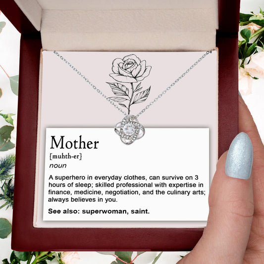 Mother, Definition - Superhero, Saint Love Knot Necklace Mother's Day, Birthday Gift for Mom - Mallard Moon Gift Shop