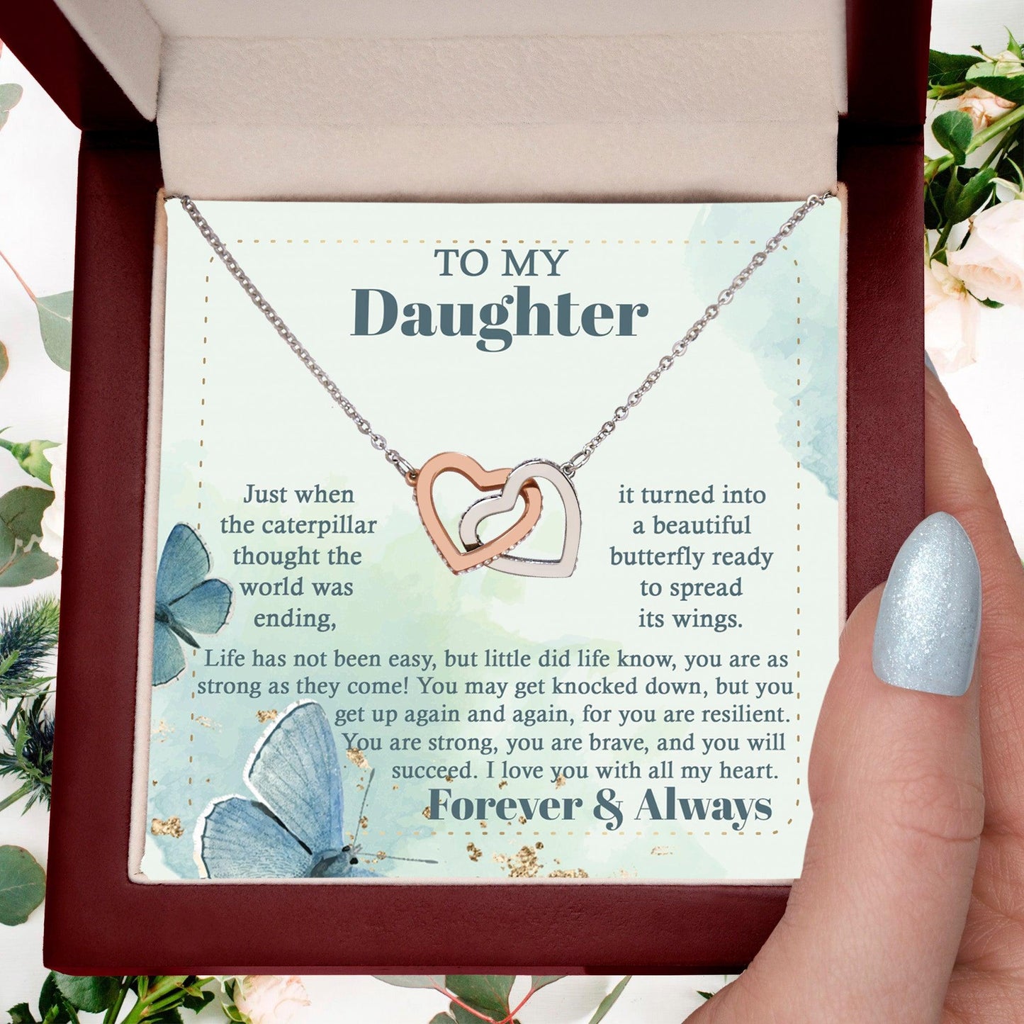 Gift for Birthday, Christmas - Daughter - Beautiful Butterfly - Interlocking Hearts Necklace - Mallard Moon Gift Shop