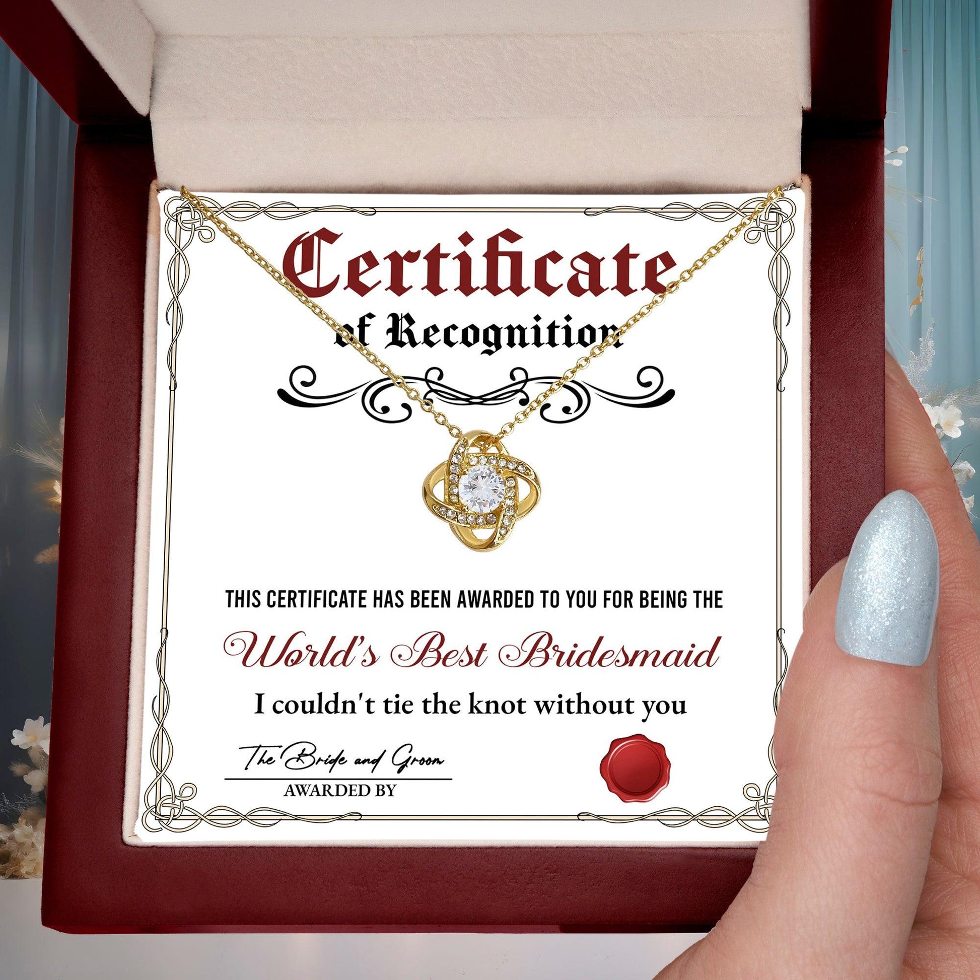 Bridesmaid Gift - Certificate Of Recognition Love Knot Pendant Necklace - Mallard Moon Gift Shop