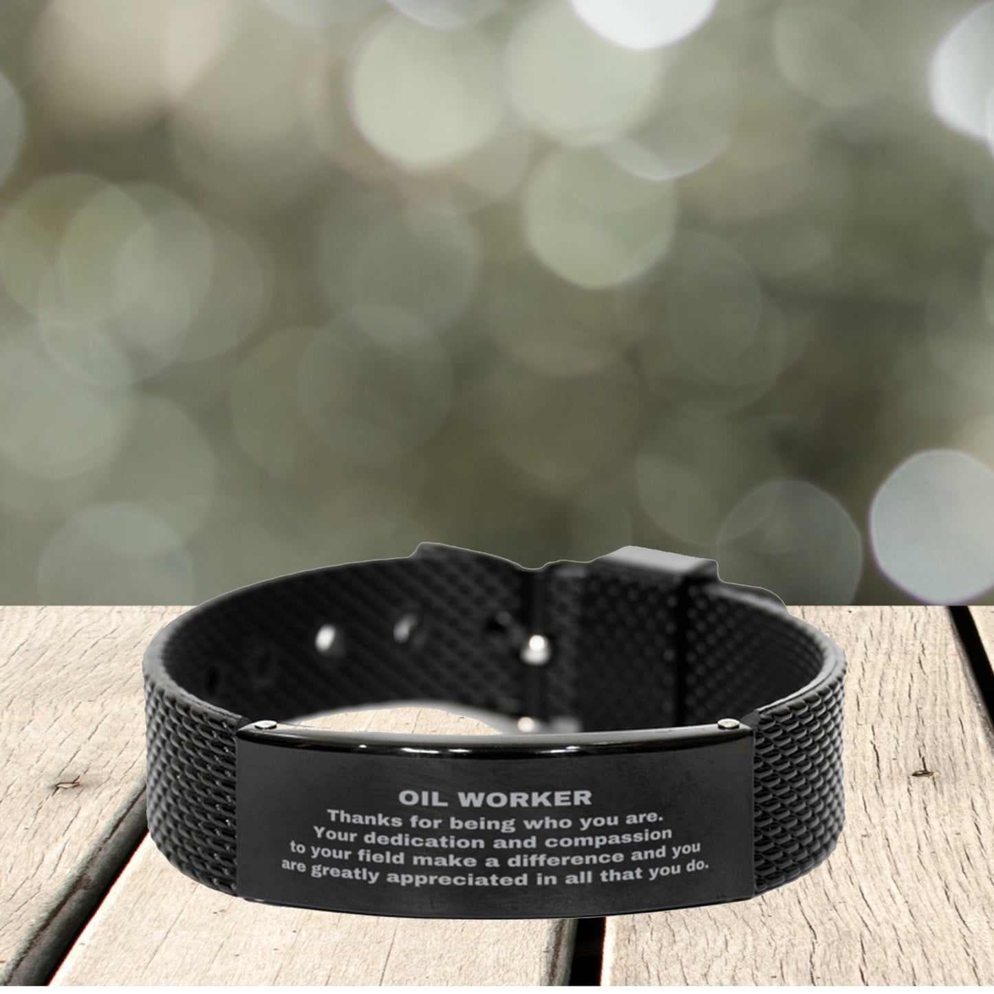 Black Stainless Steel Oil Worker Bracelet – Engraved Appreciation Gift for Men – Adjustable Mesh Wristband – Durable & Rust-Resistant – Thank You Jewelry for Oilfield Workers, Husbands, Sons & Boyfriends - Mallard Moon Gift Shop