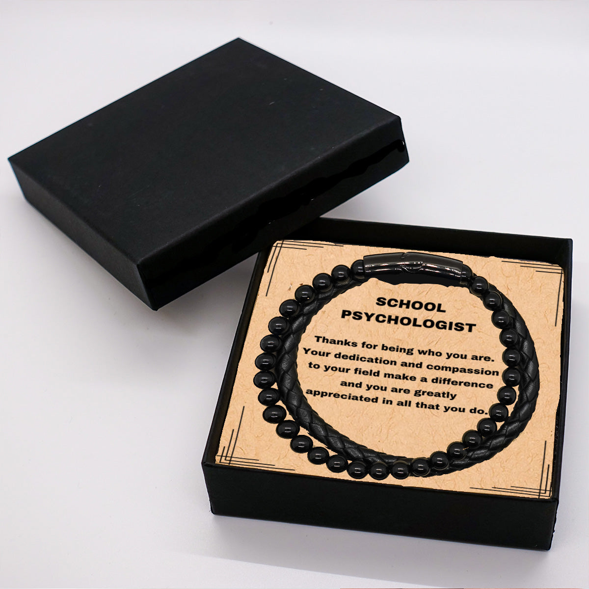 School Psychologist Black Braided Leather Stone Bracelet - Thanks for being who you are - Birthday Christmas Jewelry Gifts Coworkers Colleague Boss - Mallard Moon Gift Shop