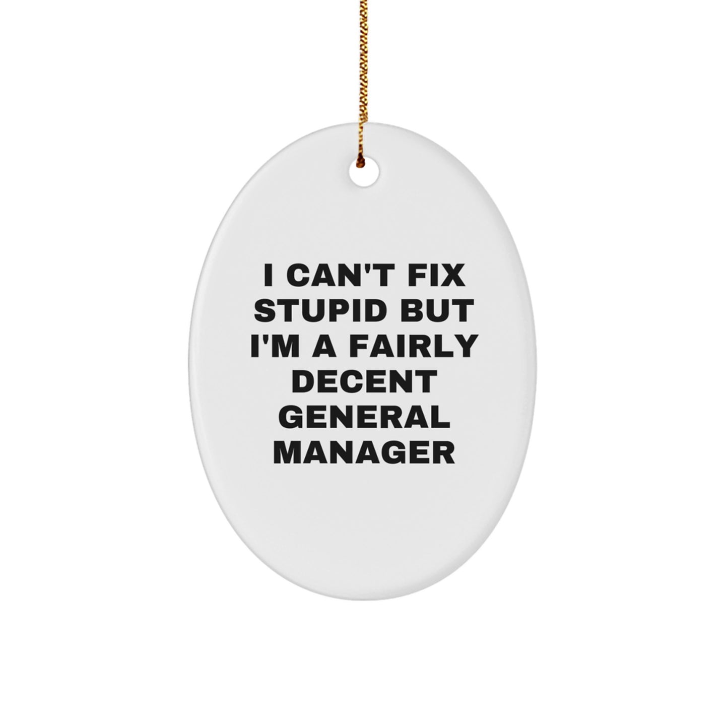 Funny General Manager Gifts for Men - Oval Ornament with I Can't Fix Stupid But I'm A Fairly Decent General Manager Quote, Christmas Unique Gifts for Office Workers - Image 1