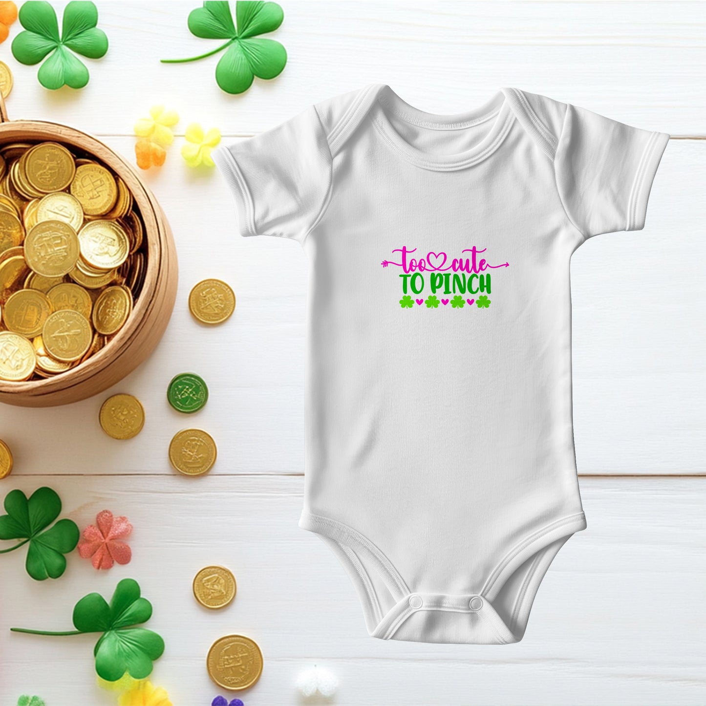Too Cute to Pinch St. Patrick’s Day Baby Bodysuit – Funny Shamrock Onesie – Soft Cotton Infant Romper – Irish Holiday Outfit & Baby Gift - Mallard Moon Gift Shop