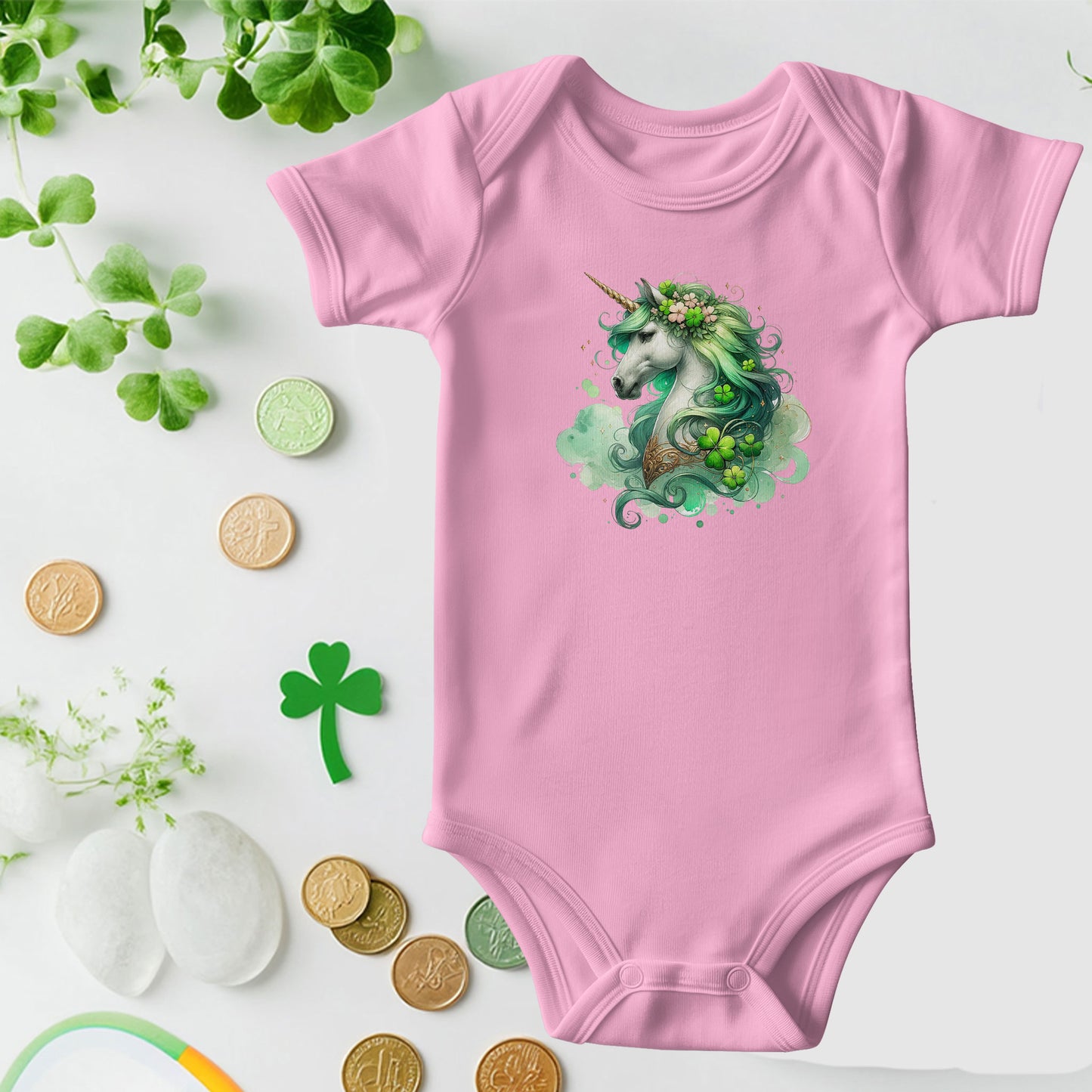 Magical Irish Unicorn St. Patrick's Day Baby Bodysuit – Enchanted Shamrock Lucky Charm Onesie – Soft Cotton Infant Romper – Fantasy Holiday Outfit & Baby Gift - Mallard Moon Gift Shop