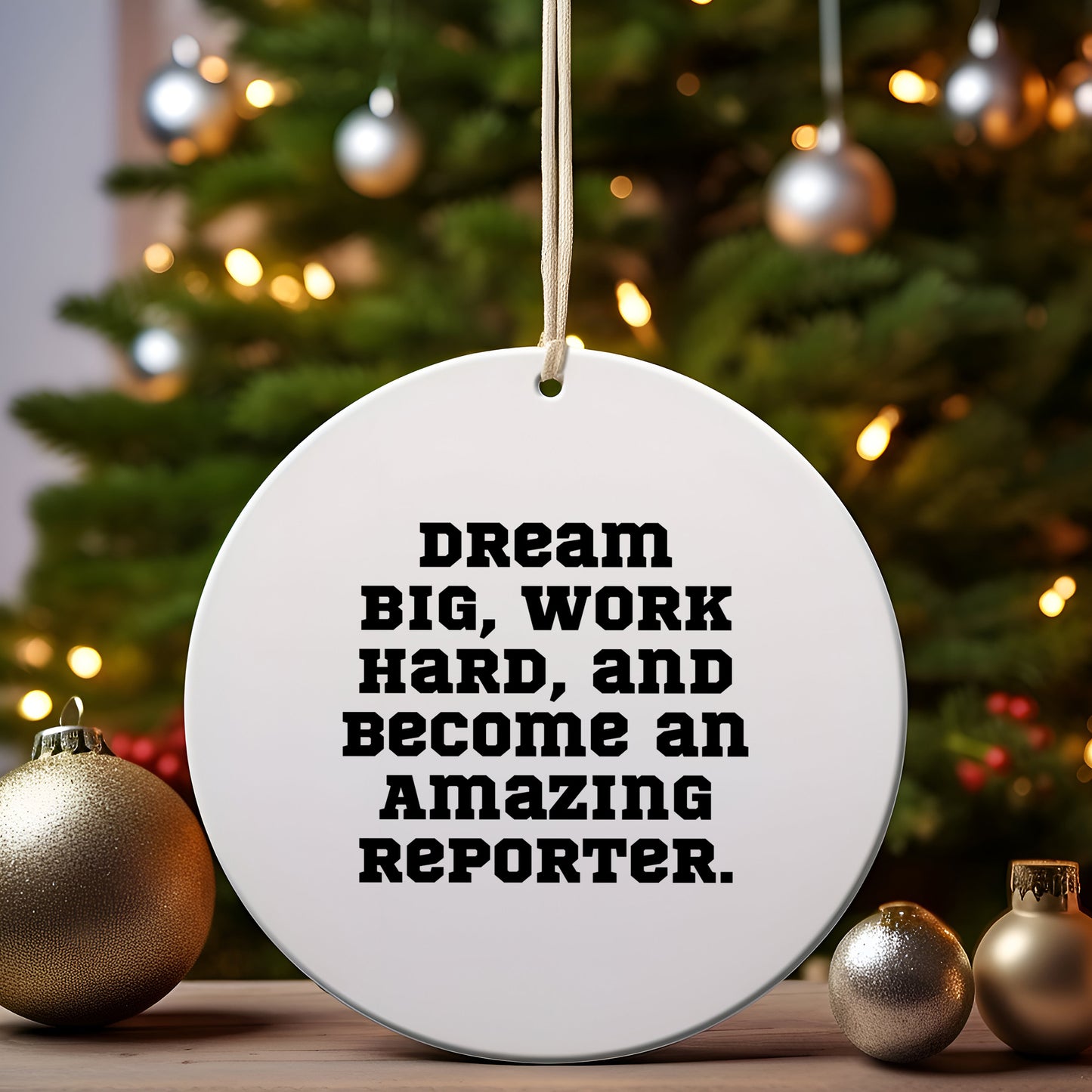 Reporter Christmas Circle Ornament- 'Dream Big, Work Hard, And Become An Amazing Reporter.' Gifts