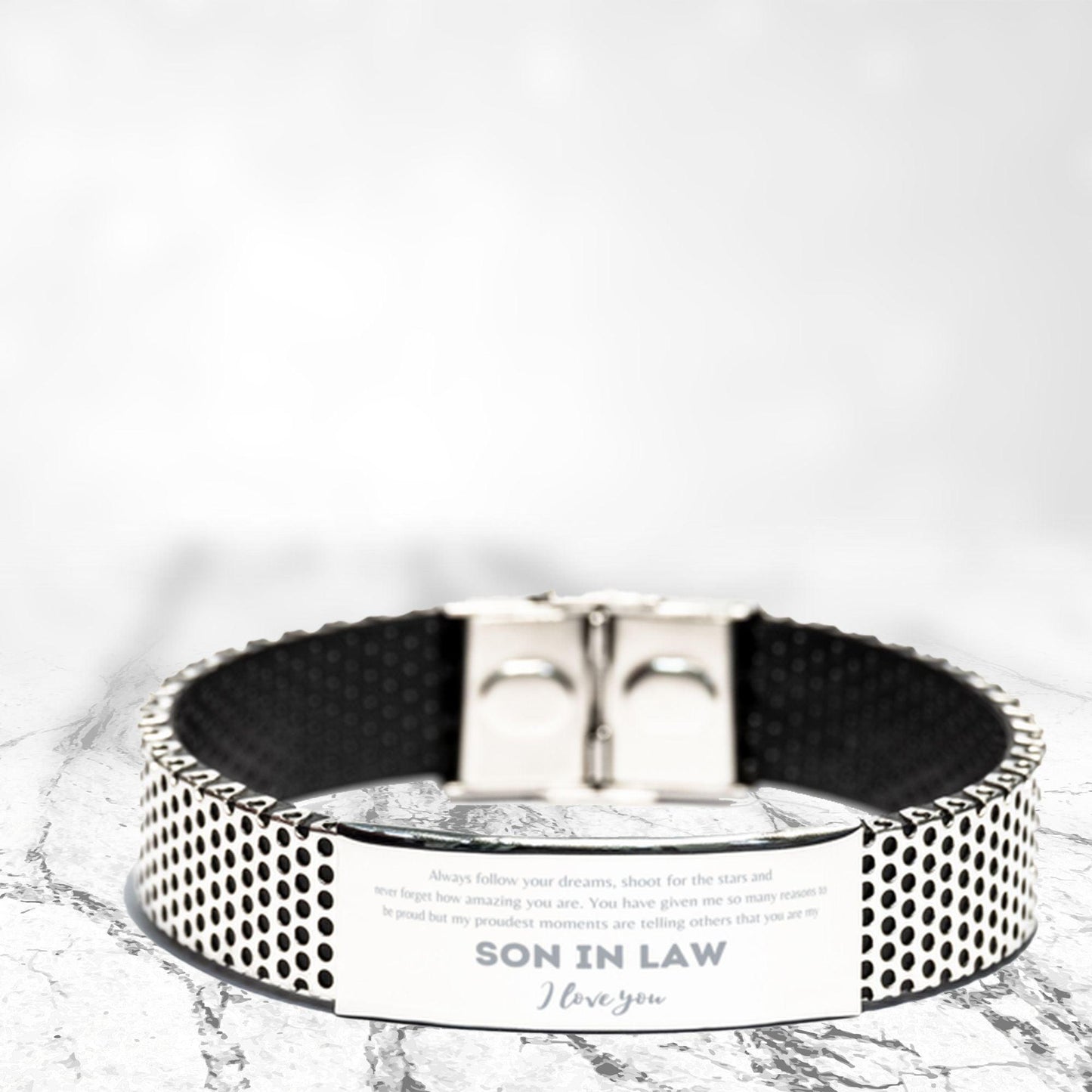 Son-in-law Stainless Steel Shark Mesh Engraved Bracelet - Always Follow your Dreams - Birthday, Christmas Holiday Jewelry Gift - Mallard Moon Gift Shop