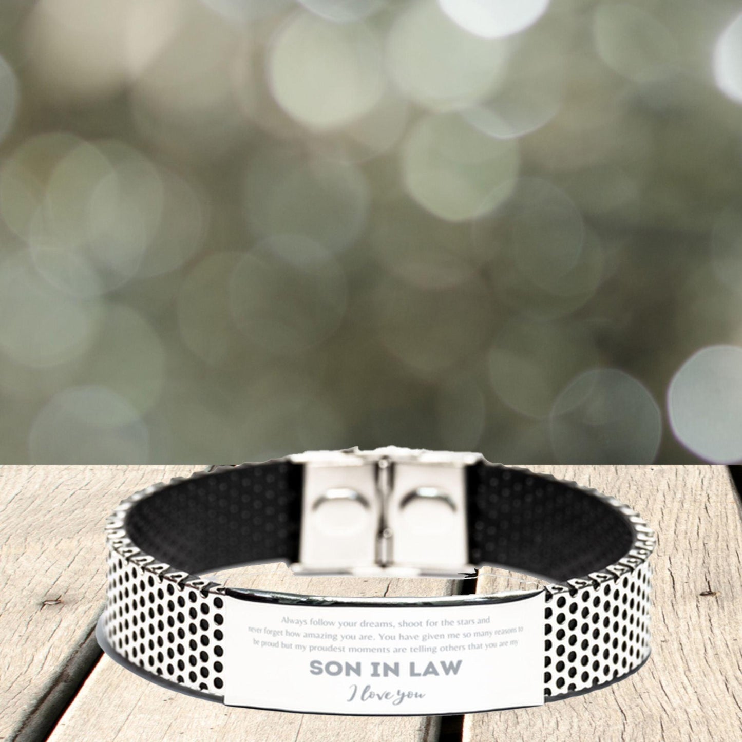 Son-in-law Stainless Steel Shark Mesh Engraved Bracelet - Always Follow your Dreams - Birthday, Christmas Holiday Jewelry Gift - Mallard Moon Gift Shop
