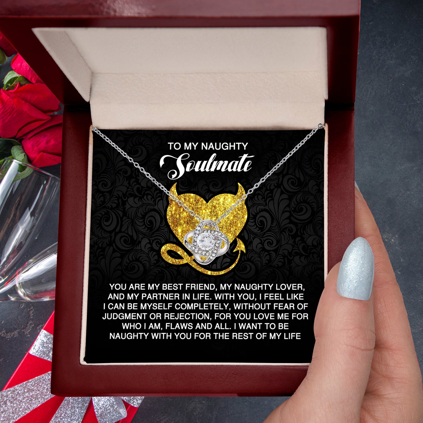 To My Naughty Soulmate - Love Knot Necklace with Flirty and Heartfelt Message Card - Mallard Moon Gift Shop