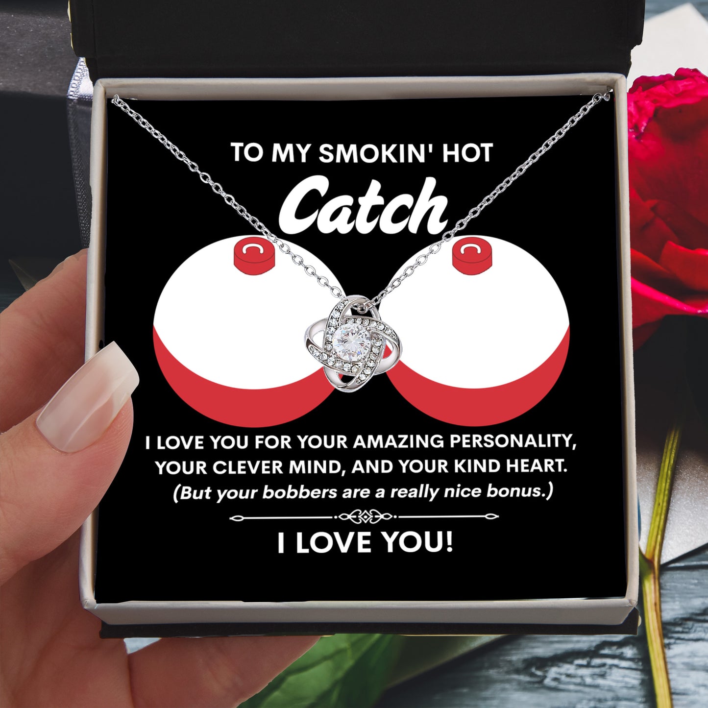 Funny & Romantic Gift for Soulmate - 'Smokin' Hot Catch' Love Knot Necklace and Message Card