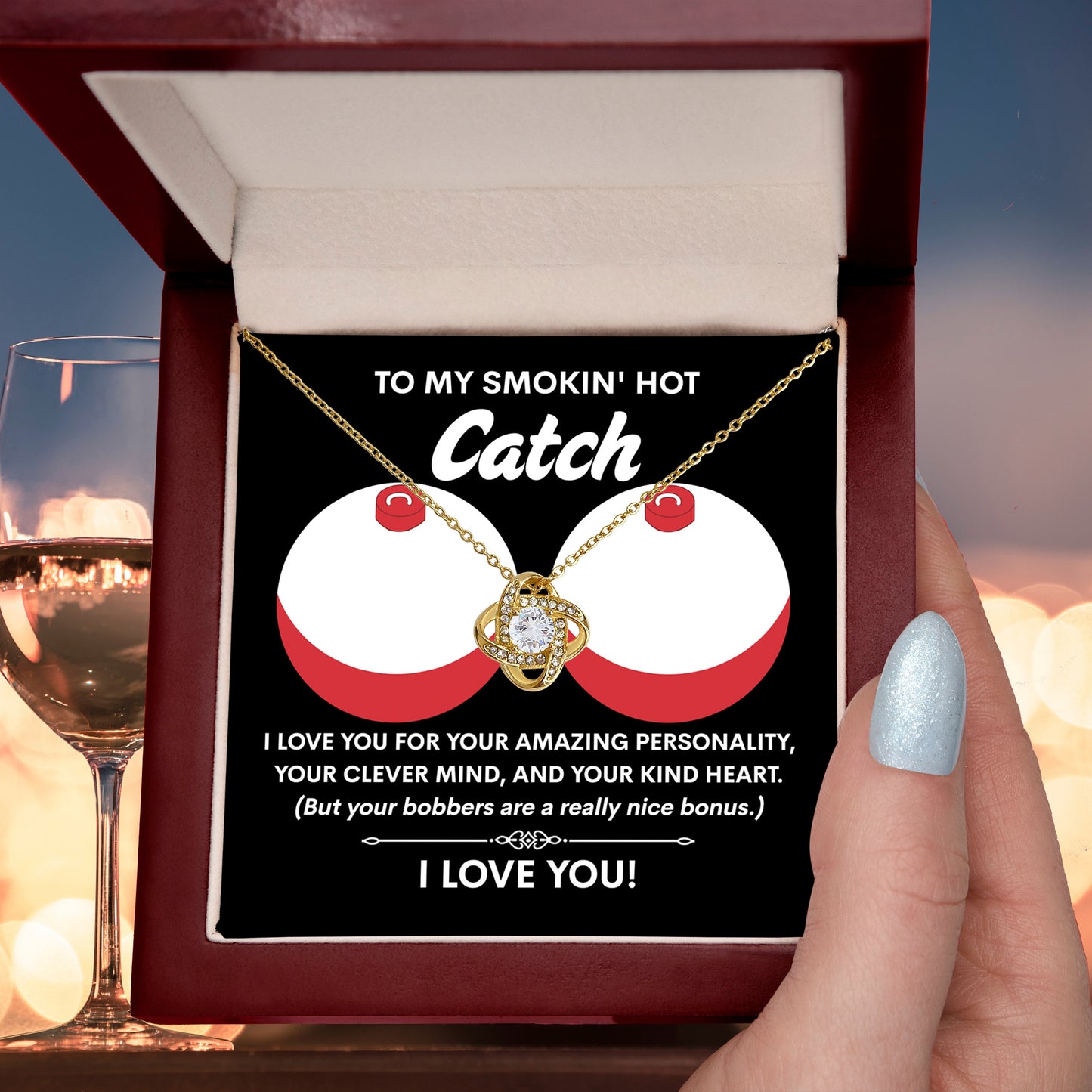 Funny & Romantic Gift for Soulmate - 'Smokin' Hot Catch' Love Knot Necklace and Message Card