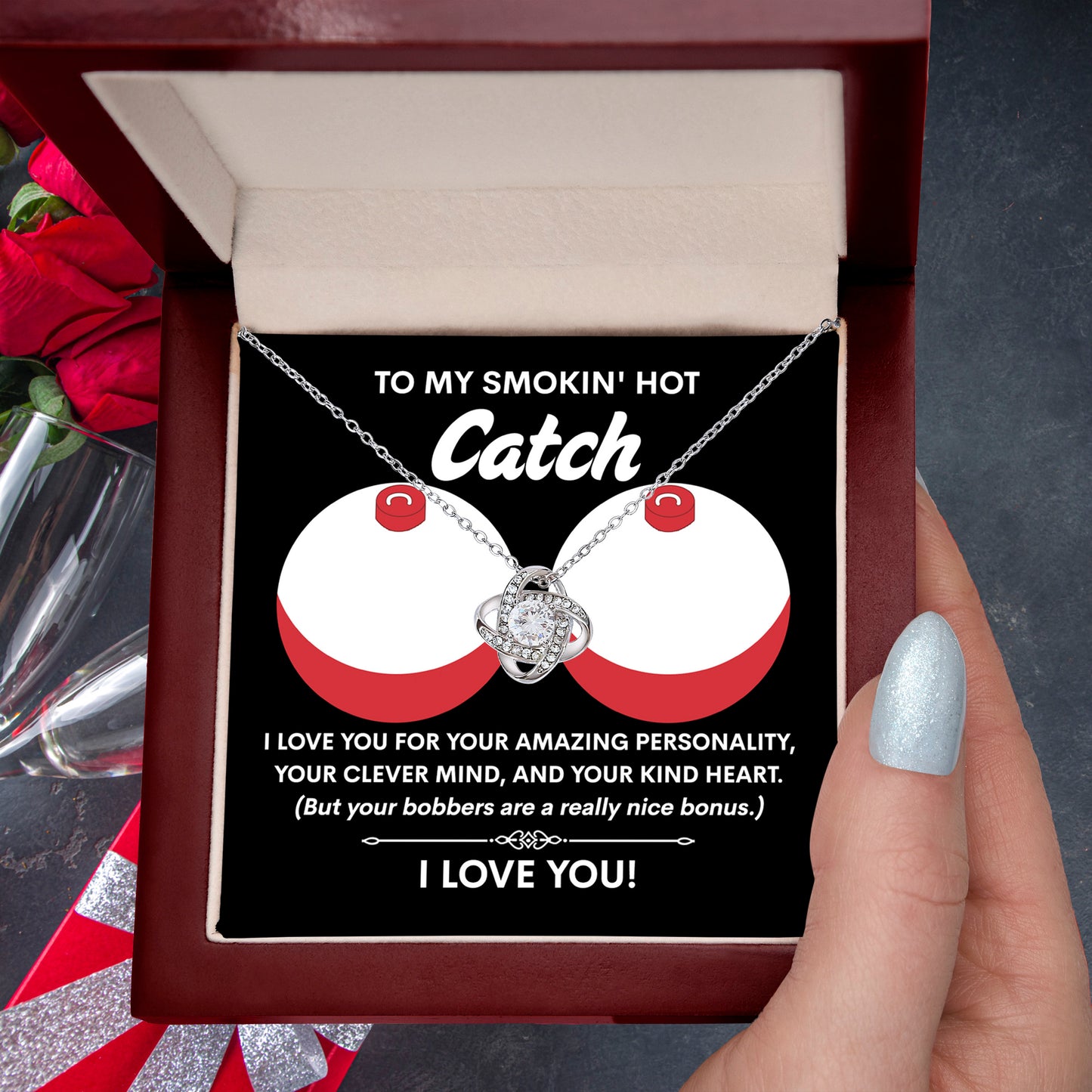 Funny & Romantic Gift for Soulmate - 'Smokin' Hot Catch' Love Knot Necklace and Message Card