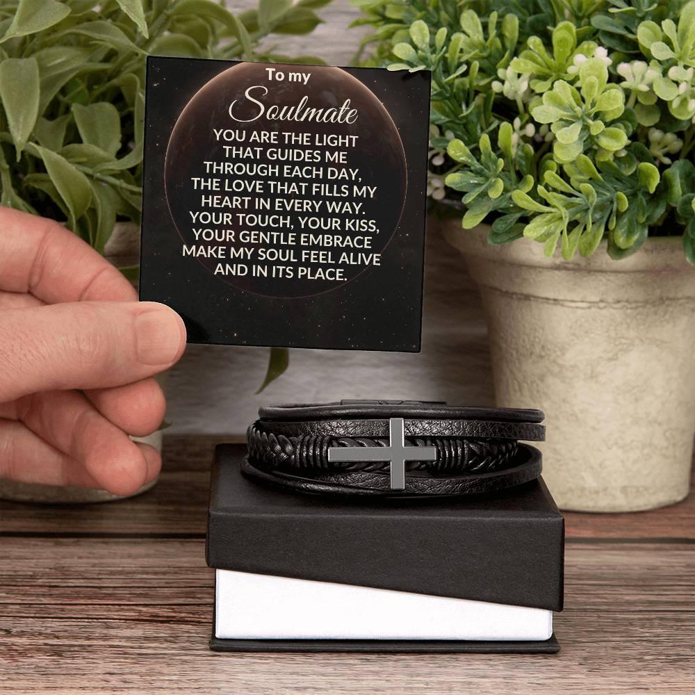 Soulmate - You are the Light That Guides Me - Men's Cross Leather Bracelet - Mallard Moon Gift Shop