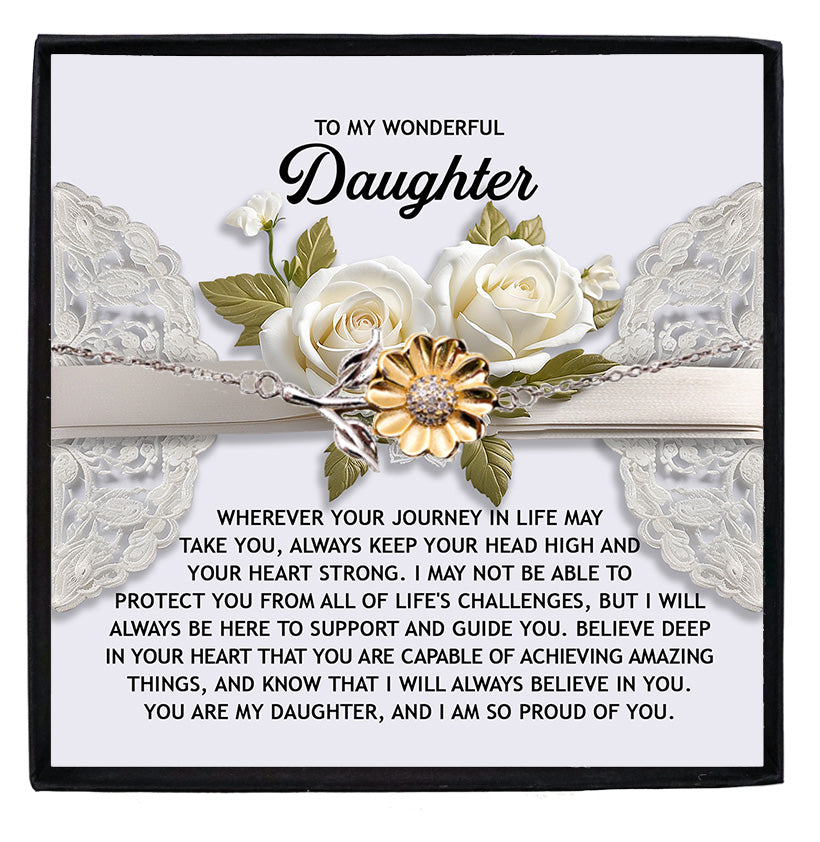 Daughter Sunflower Bracelet Sterling Silver with 18K Gold-Plated Petals – Inspirational Birthday Graduation Christmas Gift from Parent –Proud of You Heartfelt Message Card - Mallard Moon Gift Shop