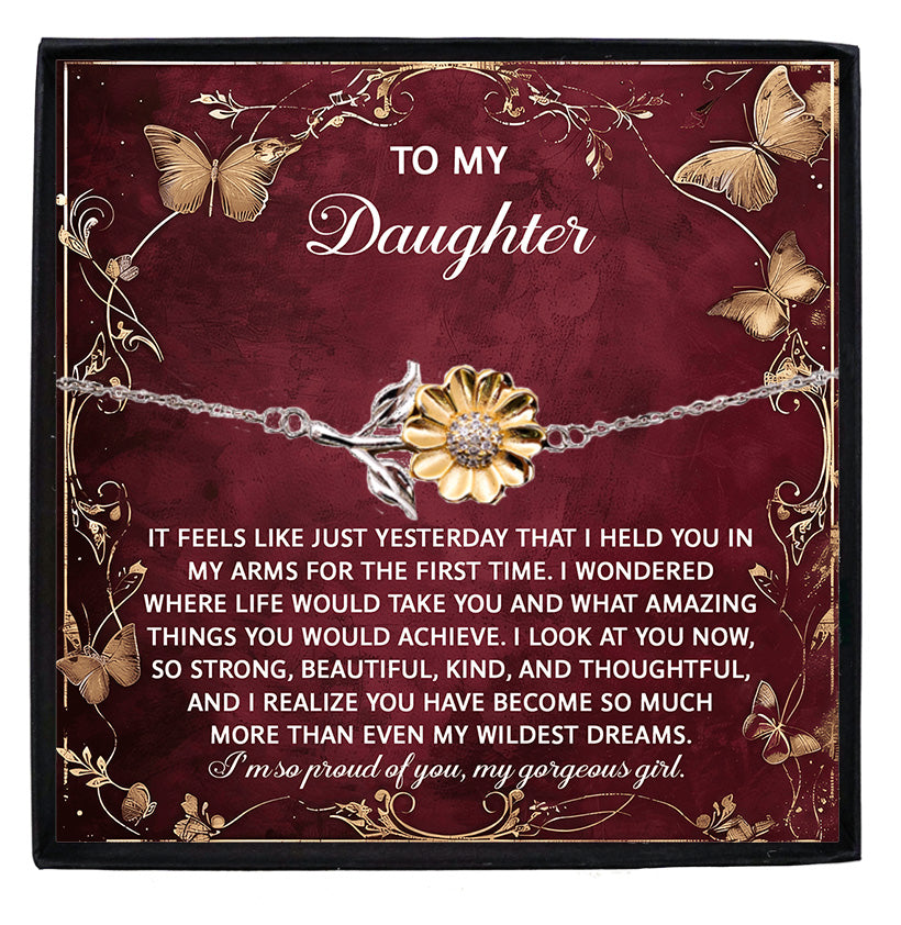 Daughter Sunflower Bracelet – Sterling Silver with 18K Gold-Plated Petals – Sentimental Birthday Graduation Christmas Jewelry Keepsake Gift from Parent with Heartfelt Message Card - Mallard Moon Gift Shop