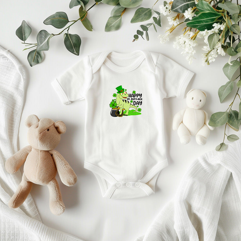 Baby St. Patrick's Day Bodysuit – Cute T-Rex Dinosaur – Lucky Irish Holiday Outfit – Soft Cotton Short Sleeve Infant Romper - Mallard Moon Gift Shop