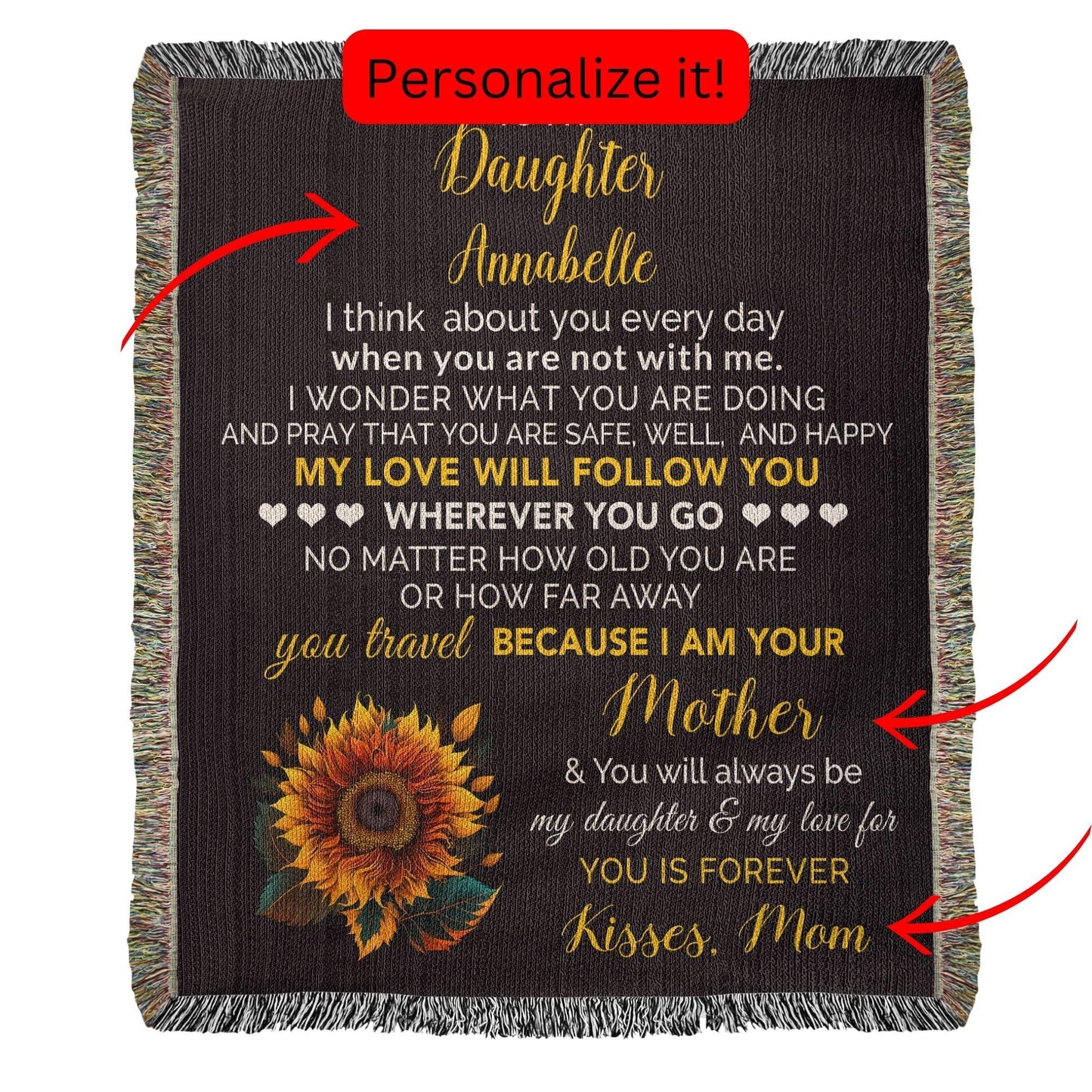 To My Bonus Daughter My Love Will Follow You Personalized Heirloom Woven Blanket - Mallard Moon Gift Shop