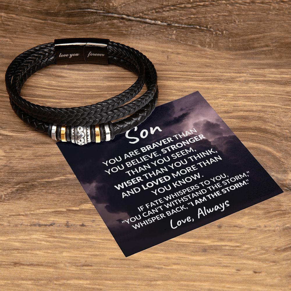 To My Son Braver Than You Believe Braided Leather Bracelet - Mallard Moon Gift Shop