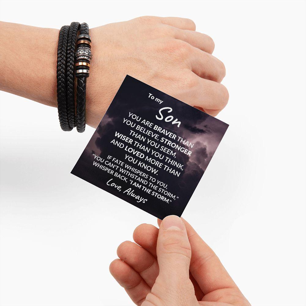 To My Son Braver Than You Believe Braided Leather Bracelet - Mallard Moon Gift Shop