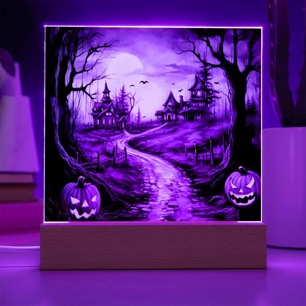 Twilight Terrace: Eerie Halloween Mansion Acrylic Plaque - Mallard Moon Gift Shop