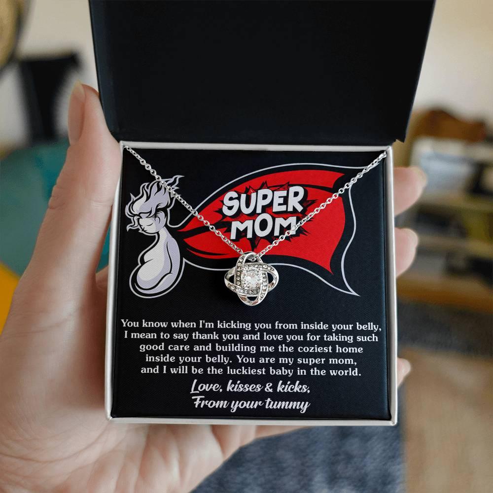uper Mom To Be Kisses and Kicks from your Tummy - Love Knot NecklaceTo My Super Mom To Be Kisses and Kicks from your Tummy - Love Knot Necklace - Mallard Moon Gift Shop