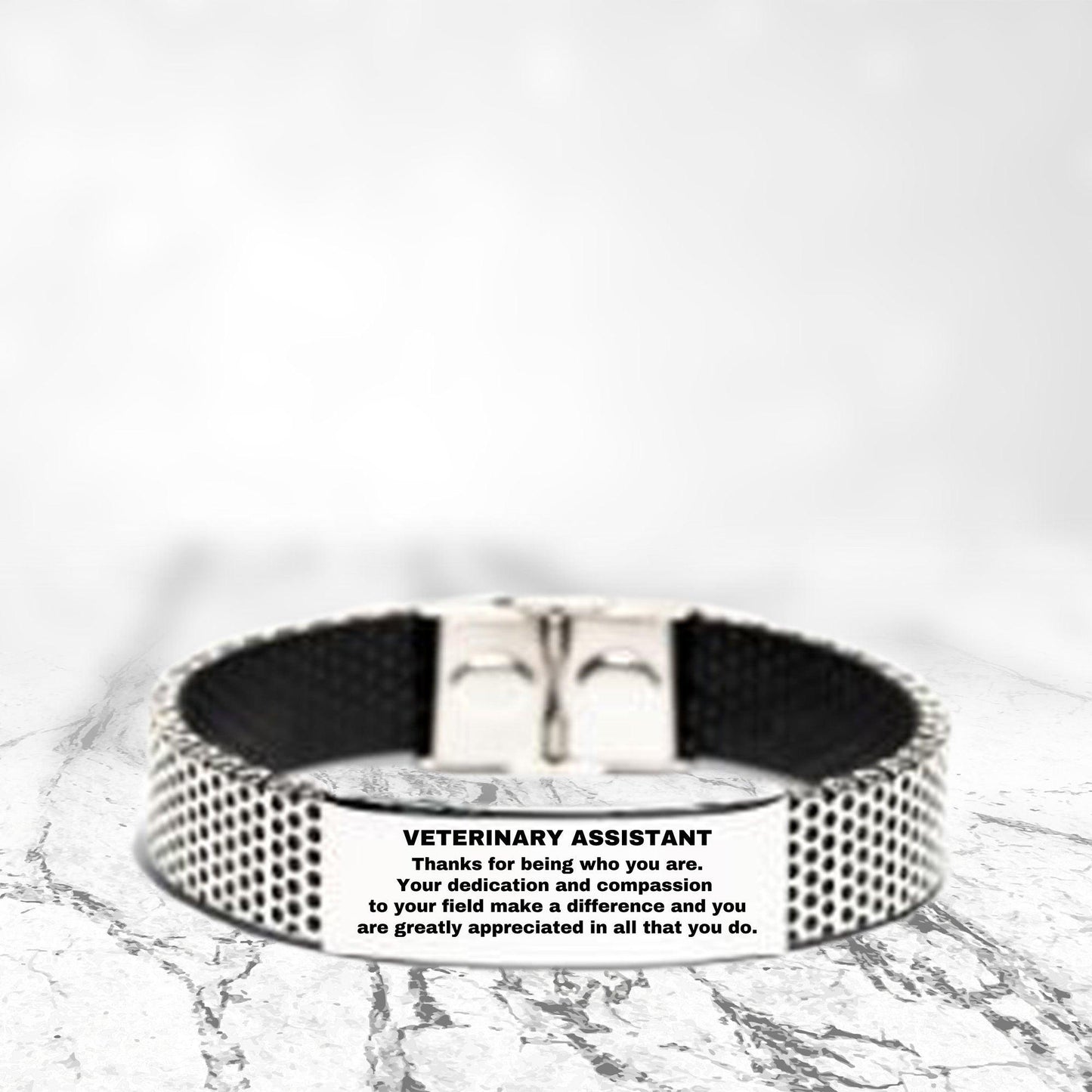 Veterinary Assistant Silver Shark Mesh Stainless Steel Engraved Bracelet - Thanks for being who you are - Birthday Christmas Jewelry Gifts Coworkers Colleague Boss - Mallard Moon Gift Shop