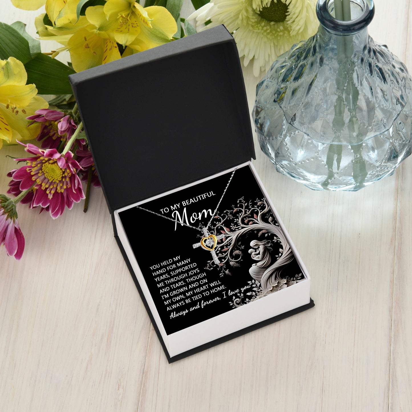 To My Beautiful Mom My Heart Will Always Be Tied to Home Cross Pendant Necklace - Mallard Moon Gift Shop