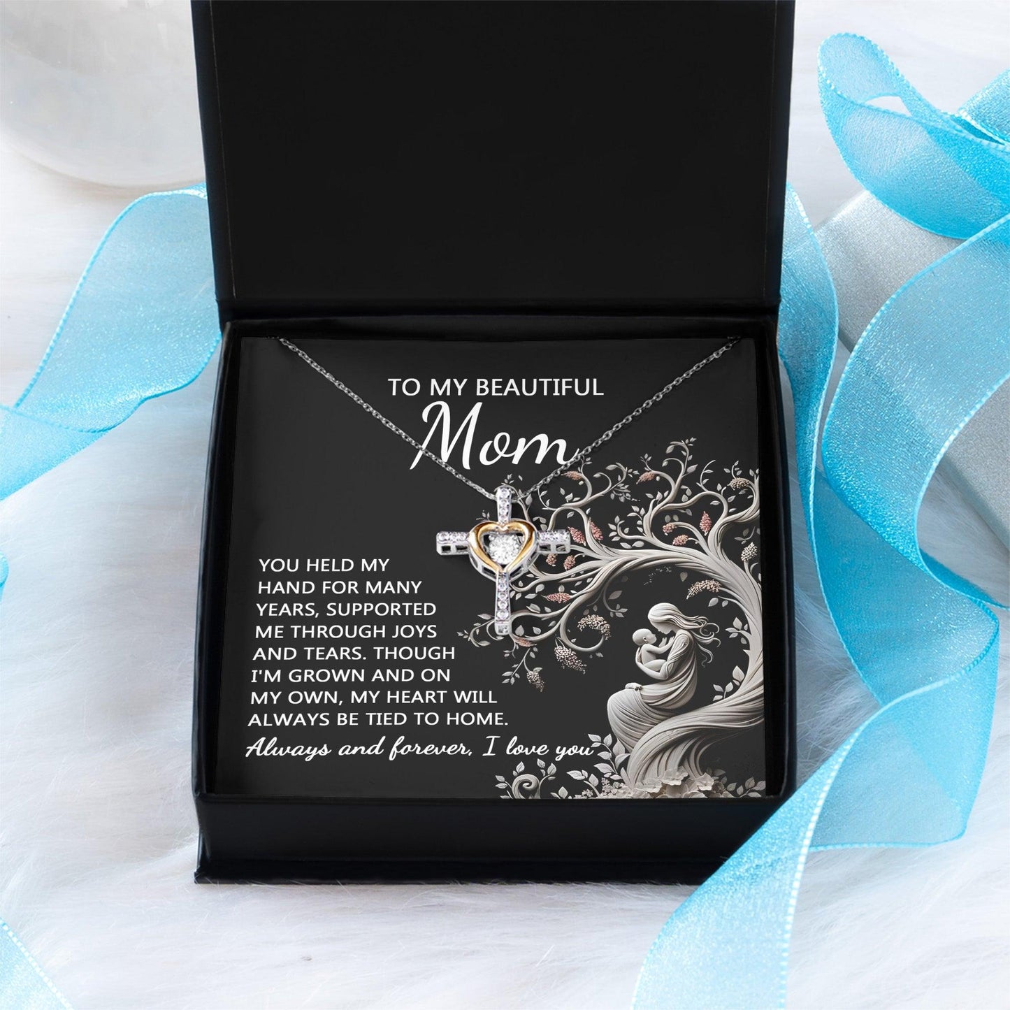 To My Beautiful Mom My Heart Will Always Be Tied to Home Cross Pendant Necklace - Mallard Moon Gift Shop